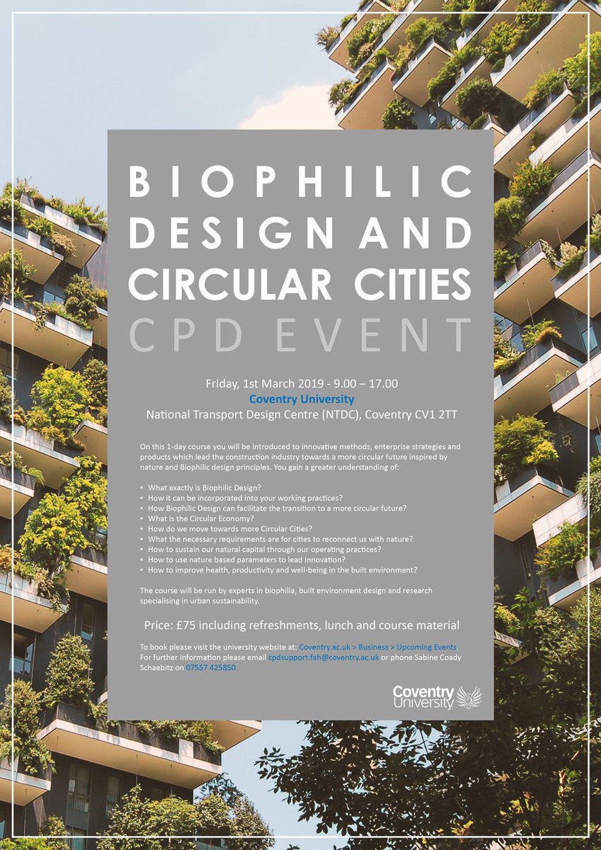 On Friday 1st March (9am-5.00pm), Faculty of Arts and Humanities (FAH) are hosting an event "Biophilic Design and Circular Cities" at the National Transport Design Centre (NTDC), Coventry CV1 2TT. If your interested please click on the link to book a place
coventry.ac.uk/course-structu…