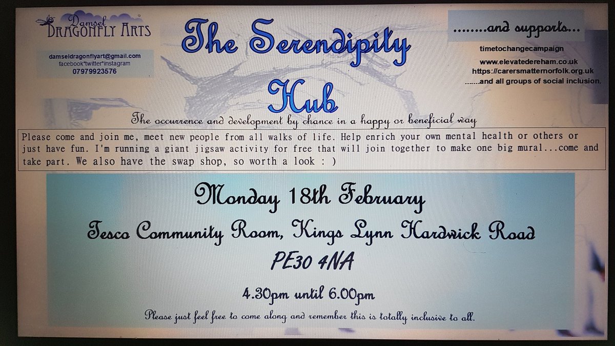 DamselDragonfl1's tweet photo. One week away so make sure you can come along and be part of some thing...it's free and totally inclusive. #mentalhealth #timetochamge #inspiration #artandcraft #workshop https://t.co/Pte1FlmfLa