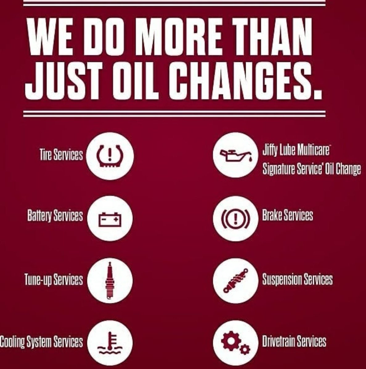 ... and replacements to wipers, belts and hoses. Whatever it is, we have  you covered! #jiffylube #oilchange #brakes #tires  #csrapic.twitter.com/cMufQ0eRdu