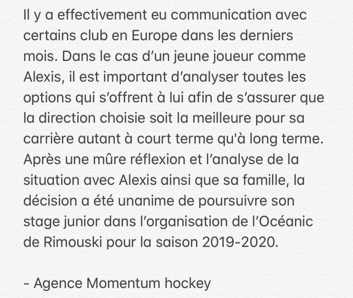 MikLalancette's tweet image. Voici le communiqué de l’@Momentum_Hockey sur l’avenir d’Alexis Lafrenière. #tvasports