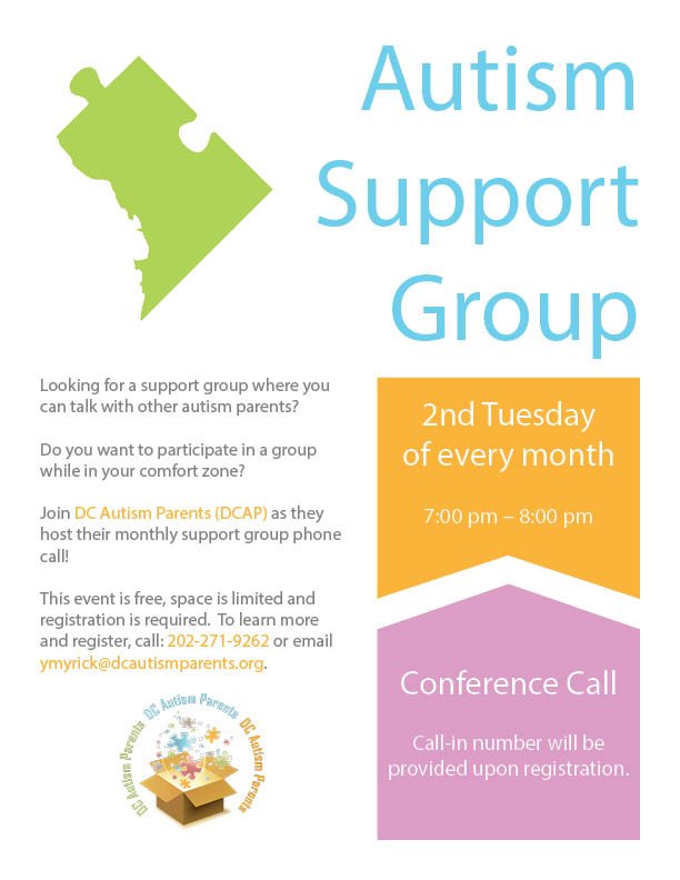 Join us for our monthly support group call tomorrow, February 12th at 7pm.  RSVP to ymyrick@dcautismparents,org.