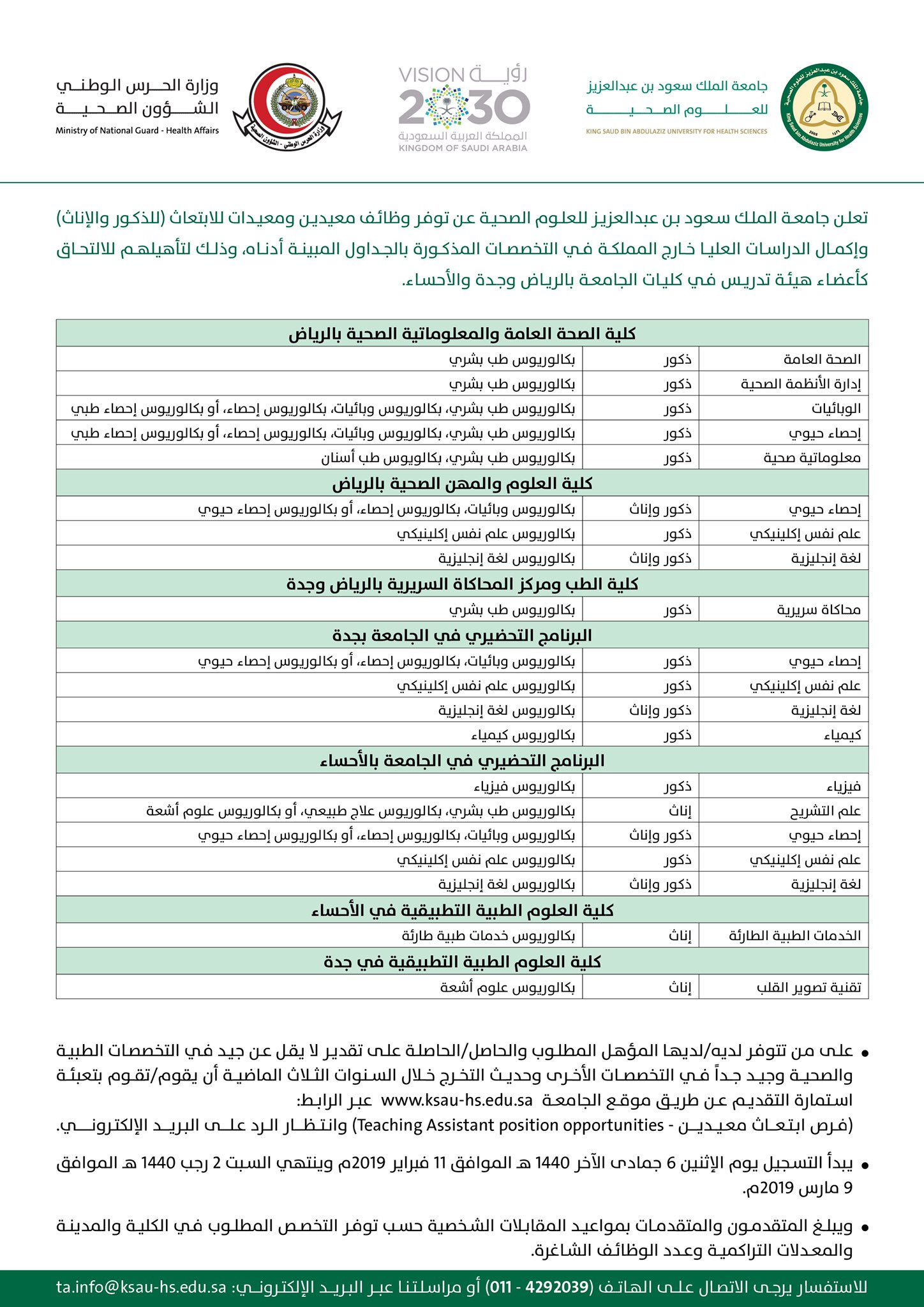 تخصصات جامعة الملك سعود للعلوم الصحية