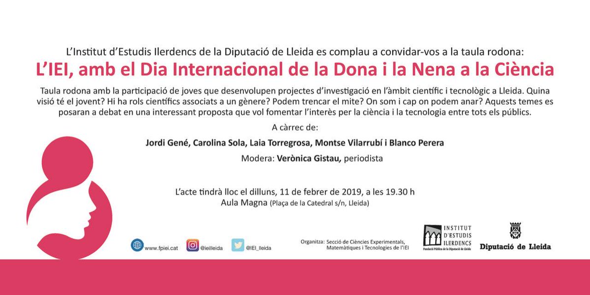 SegriaCultura's tweet photo. Avui, Dia Internacional de la Dona i la Nena a la Ciència @IEI_lleida i @DiputacioLleida ha programat una taula rodona amb joves científics que duen a terme projectes tecnològics i científics a #Lleida
📍Avui a les 19 h a l'Aula Magna
#SegriaCultura #CCSegria #TerardePonent https://t.co/lfhrc7BcFY