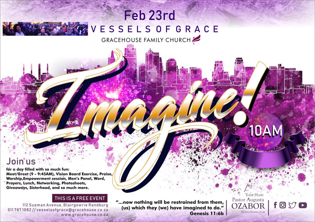 augustaozabor's tweet photo. It’s gonna be really goooood! 🔥🔥🔥join me! Nothing we imagine to do shall ever be restrained from us in Jesus name.
#VesselsofGrace
#vogsistahood
#visionboardexcercise
#menspanel
#wealthcreationsession
#Word
#praise #worship
#networking
#breakfast
#lunch
#giveaways
#imagine2019 https://t.co/PJSD3Hu0Bg