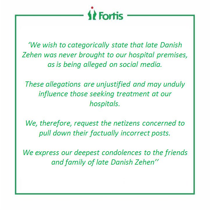 Sassssy_soul's tweet photo. According to Sameer's statement he took Danish to Fortis Hospital after the accident but as we can see the Fortis Hospital's reply that Danish was never brought to their hospital. This prooves that Sameer was lying. #justiceforzehen 

@rsprasad @MumbaiPolice @CPMumbaiPolice https://t.co/P3Mtainsne
