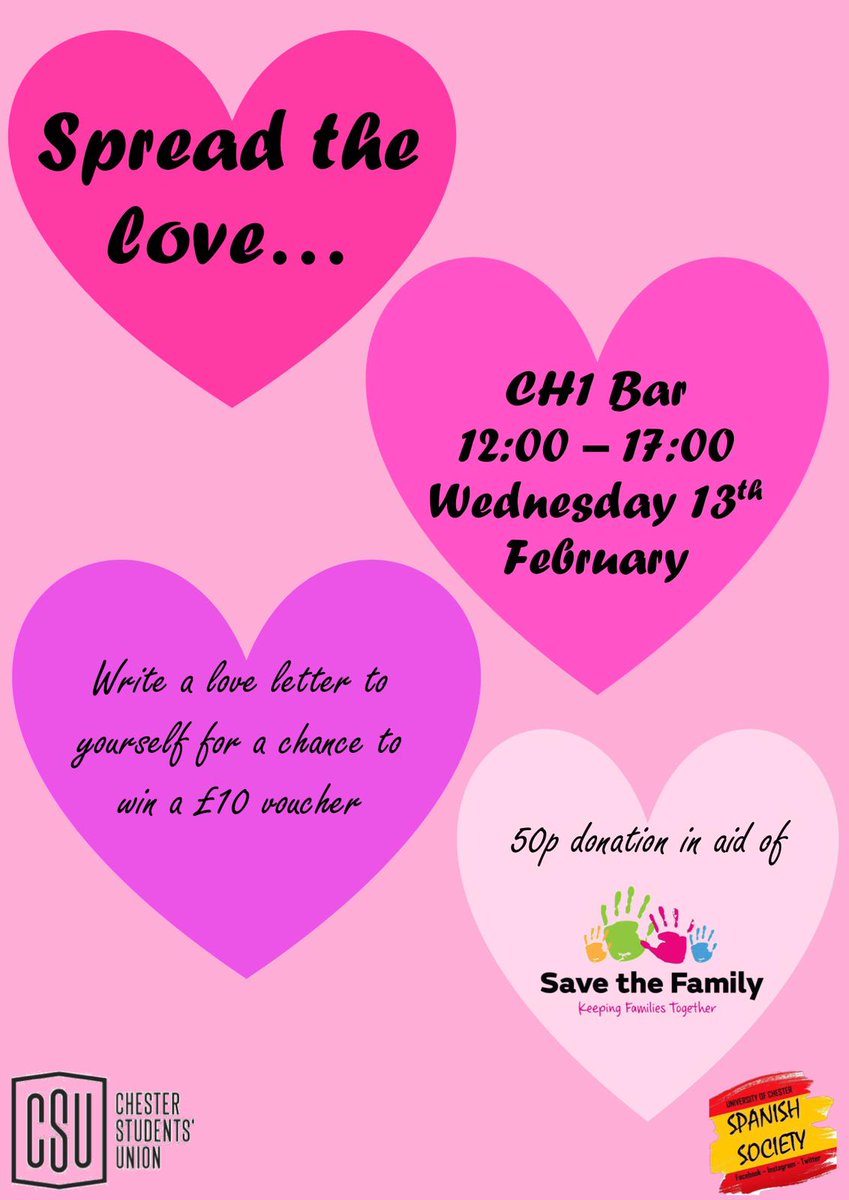 Our pals at <a href="/chesterspansoc/">UoC Spanish Society 18/19</a> are hosting a wholesome event for Valentines Day this Wednesday at the SU Bar! Give yourself some love this year and write YOURSELF a letter💞
(Also there's a prize. Prizes are cool. Also it's 50p entry, because <a href="/SaveTheFamilyUK/">Save the Family</a> are cool too)