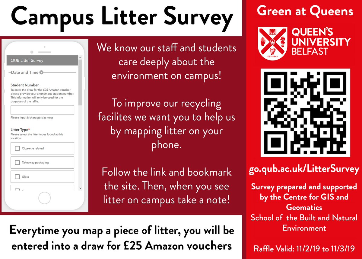 @QUBelfast staff and students love a tidy campus. This is why we want you to support the Campus #LitterSurvey! 🚯

go.qub.ac.uk/LitterSurvey

Everyone with a QUB ID number who maps litter will be entered into a draw for £25 Amazon Vouchers.
@QUBEngagement @greenatqueens @QUBEstates