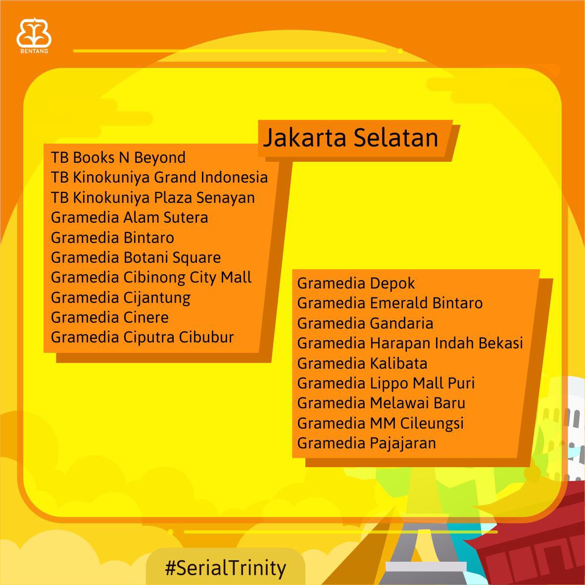bentangpustaka's tweet photo. #TNT8 bisa kamu dapatkan di toko buku berikut ini, ya, Sahabat Bentang! Apabila beruntung, kamu berkesempatan mendapatkan #TNT8 edisi bertanda tangan @TrinityTraveler. Semangat berselancar di toko buku! #SerialTrinity https://t.co/Nzv7ycppz7