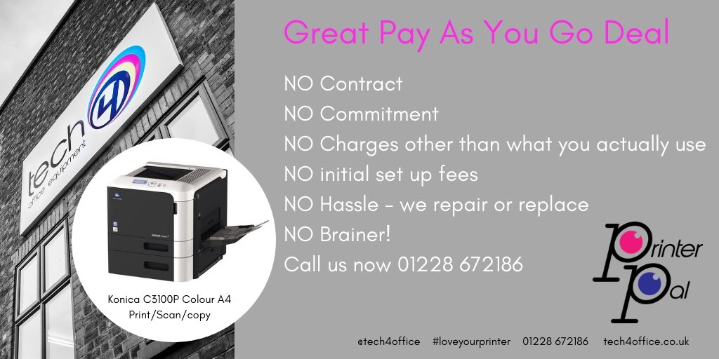 🖨 GREAT Pay As You Go DEAL 🖨
NO Contract
NO Commitment
NO Charges other than what you actually use
NO Initial set up fees
NO Hassle - we repair or replace and ALL TONER INCLUDED
NO Brainer!
Call us now 01228 672186 📱☎️ #loveyourprinter #printer #payg