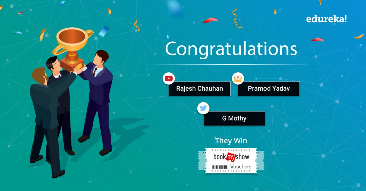 edurekaIN's tweet photo. Winner Announcement!📢 Give it up for Rajesh, Pramod &amp; @gobillamothy85. They are the geeks that aced our MachineLearning challenge. Congratulations guys, you all win a Bookmyshow voucher worth Rs. 500 each. Enjoy! 😁

#ContestWinner #QuizChampion #WINNER https://t.co/vsF7DP7Mtr