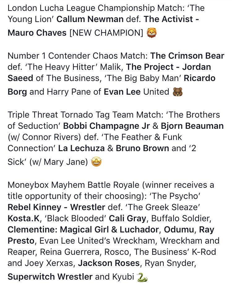TripleL_Lucha's tweet photo. London Lucha League’s Headlocks &amp; Heartbreaks RESULTS 💘 

@CallumNewman16 is our new champion, plus there were more big wins for @RedWrestleBear, @BobbiChampJr &amp; @BeaumanSpeaks, @rebelgrrrlpk, @NeonCassius &amp; @DarcyStonePW, and @BAUER_PRWR 👍 https://t.co/6l5k8nJhTy