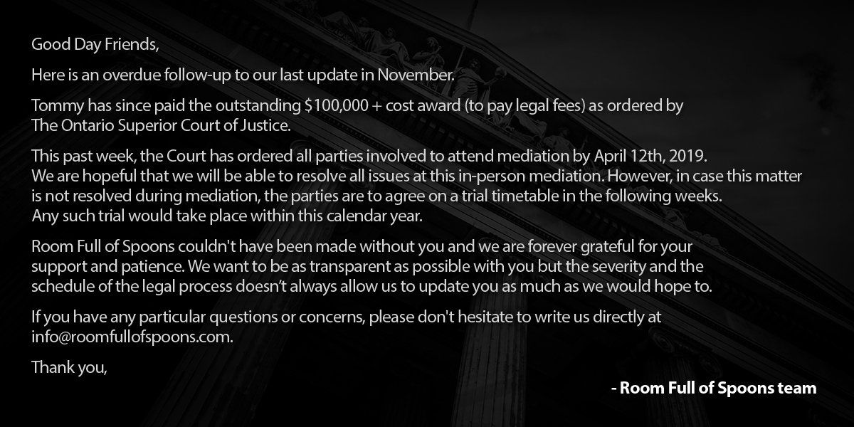 UPDATE: Going to mediation with #TommyWiseau - #RoomFullofSpoons #unauthorized #documentary about #TheRoom <a href="/GilbertsLLP/">Gilbert's LLP</a> <a href="/TOMLLawyers/">Taylor Oballa Murray Leyland LLP</a> // For all court docs: bit.ly/webRFOS