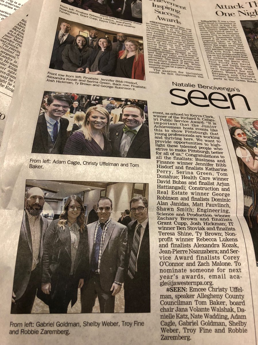 In the Pgh Post-Gazette Seen for Junior Achievement’s Young professionals luncheon. Over 200 attendees to honor our Inspiring Success Awardees.