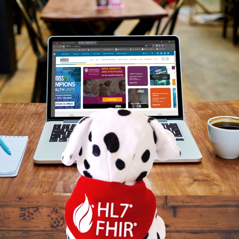 HL7Tools's tweet photo. Sparky the #FHIR dog needs his morning coffee for #HIMSSanity! He personally invites you to booth 4849 to see how #interoperability solutions start with #HL7. Our theater presentation schedule is here: https://t.co/dLA25Y9bOK #HIMSS19 #healthIT #EmpowerHIT https://t.co/mOn78Lgnnr