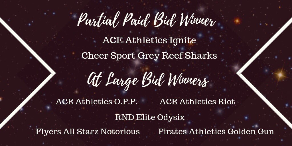 CACupdates1's tweet image. Congrats to all the bid winners from Extreme Cheerfest! See you at Worlds 2019 🌎🇨🇦