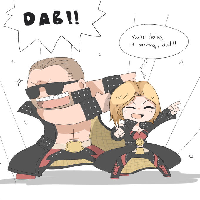 Ko-fi request: "Bass Armstrong and his daughter Tina Armstrong from Dead or Alive in a silly/cute Wrestling entrance pose, pretty pretty please with sugar on top." 