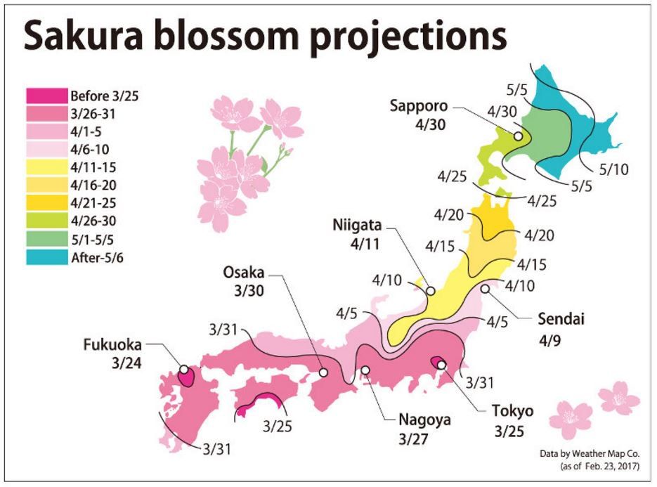 simongerman600's tweet photo. Cherry (sakura) blossom season in #Japan is about to start. This beautiful map shows approximate start dates. Source: https://t.co/qnjYJ7v9N1 https://t.co/V3iXF1h3CA