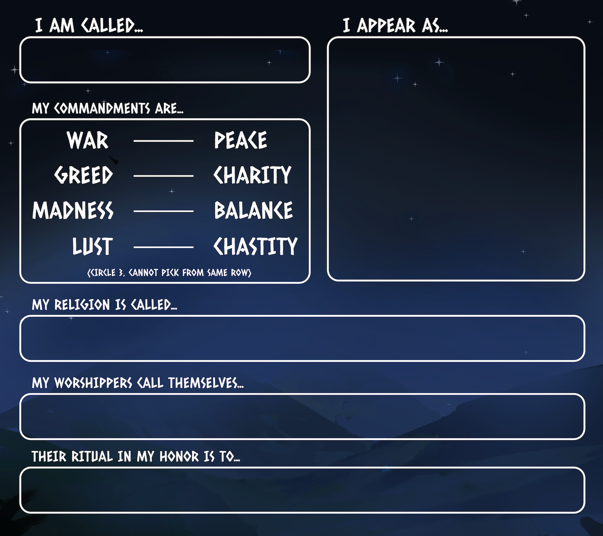 AbbeyGamesNL's tweet photo. Want to #createyourownreligion, but can't wait until #godhood releases? Here's a sheet to to get you started!
Feel free to reply with your godly creations! https://t.co/BrixOwaGgH