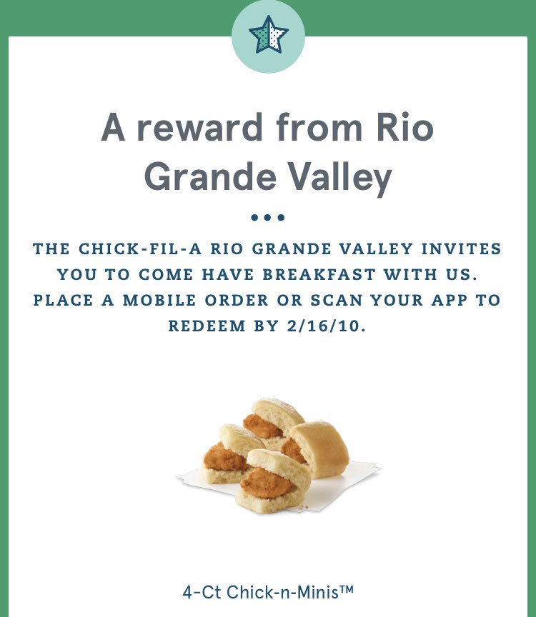 CFAPharr's tweet photo. New week, new reward. Stop by  6:30am to 10:30am any day this week to redeem your 4-Ct Chick-n-Minis! #CFARGV #CFAapp https://t.co/u4pk4Uu04f