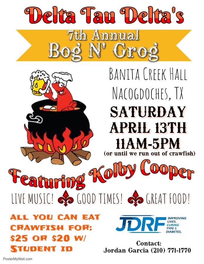 SFA_Delts's tweet photo. Everyone mark your calendars for April 13, as we are hosting our 7th annual Bog N’ Grog featuring @KolbyCooper_ at @BanitaCrkHall!! All proceeds will donated to our philanthropy, @JDRF! https://t.co/G2ZV3IcEpY