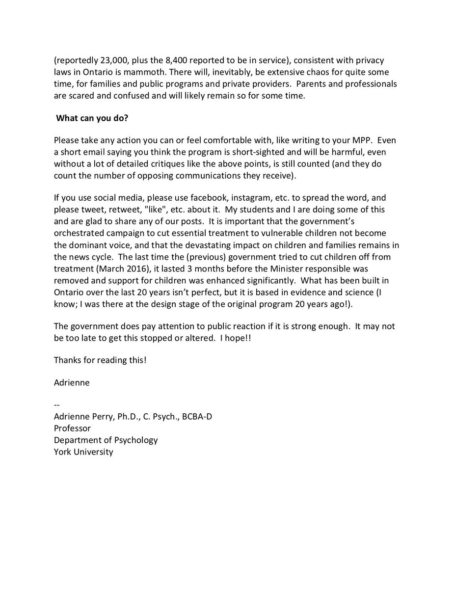 HildaSWHo's tweet photo. A response to the changes in the #OntarioAutismProgram from Dr. Adrienne Perry, who has spent her career working with children with #autism and their families, and helped with the original design of the program 20 years ago #AutismDoesNotEndAtFORD @MacLeodLisa  @AmyFeePC https://t.co/JVIXWBkupH