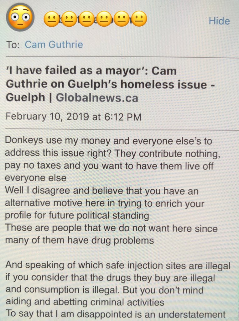 CamGuthrie's tweet photo. If you’re disappointed with me for trying to help those struggling with addictions, mental health and homelessness in #Guelph, then you should probably know that I’m committed to continue to disappoint you. https://t.co/P8dydzjE2V