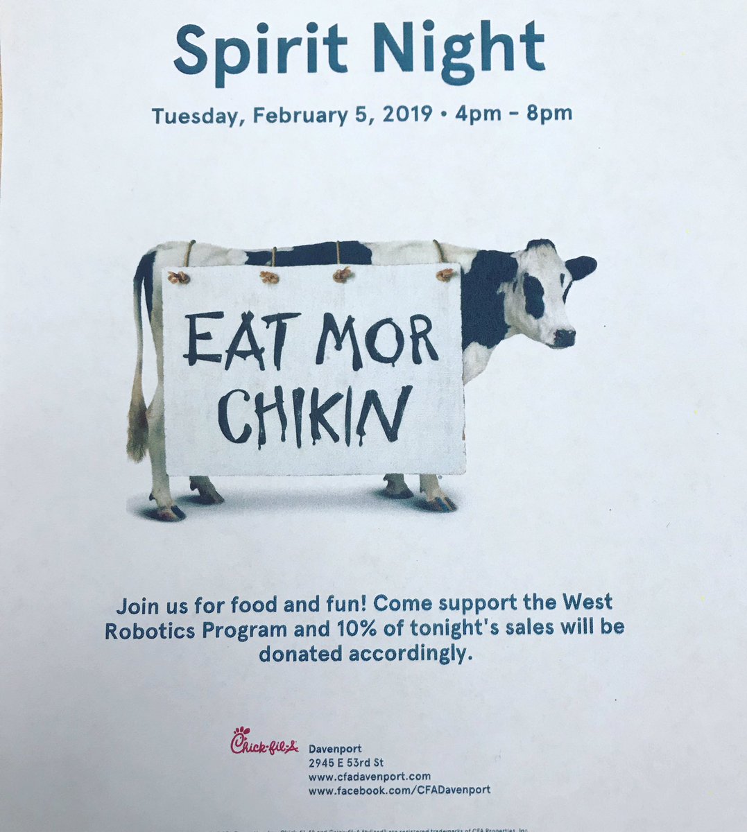 Our Spirit Night at Chick-Fil-A has been moved to March 5th! Please help support West Robotics by attending! <a href="/DavenportWest/">Davenport West High</a>