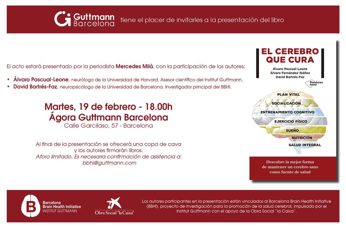 BBHI_cat's tweet photo. 📣¡No te pierdas la presentación del libro "El cerebro que cura"! 🧠
Contaremos con dos de los autores, @alvaropleone y @DBartres_Faz , y con la periodista Mercedes Milá.

Toda la info aquí👉https://t.co/PemClYuuwI  
Aforo limitado. Confirmar asistencia: bbhi@guttmann.com https://t.co/5JrICyMXer