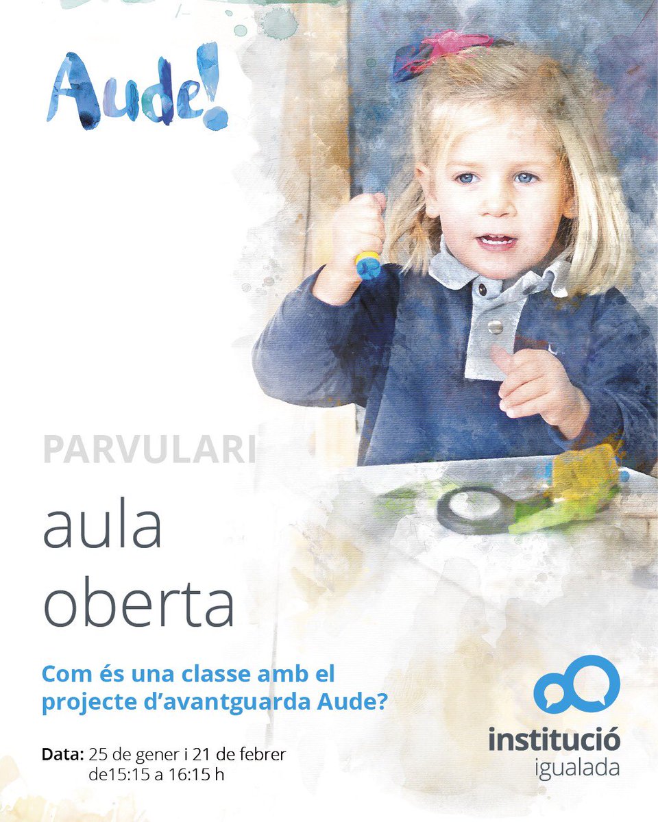 AULA OBERTA al Parvulari. Com és una classe amb el projecte d'avantguarda d'Aude? Dijous, 21 de febrer, de 15:15 a 16:15h, Aula Oberta al Parvulari. Us hi esperem! Aquesta activitat està oberta a families de fora de l'escola.