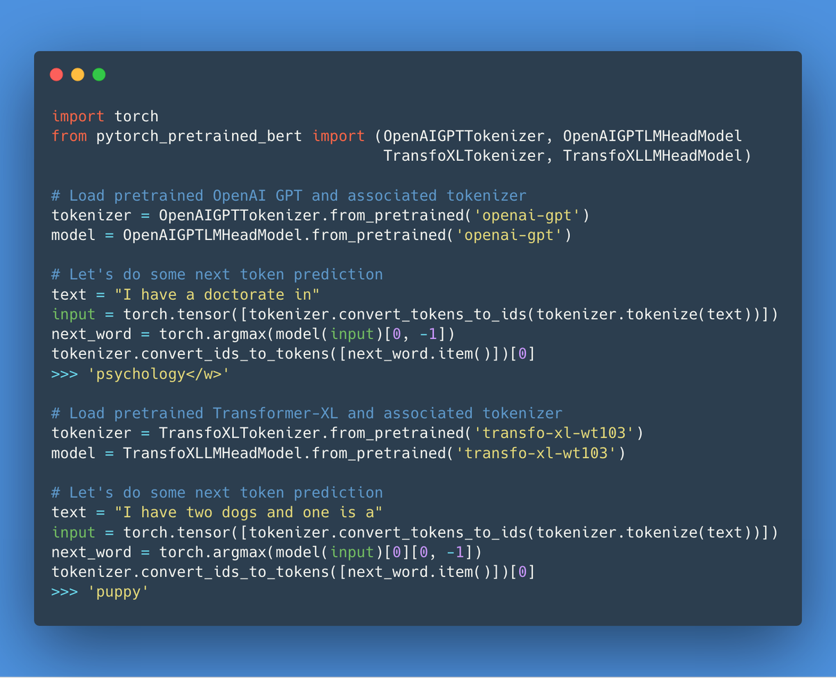 Thom_Wolf's tweet photo. PT-BERT 0.5 out💥
Pretty big release w. not 1 but TWO new pretrained models:
-classic: OpenAI's GPT
-brand-new: Transformer-XL by Google/CMU
As always both should be super easy to use

So...BERT now stands for Big-&amp;-Extending-Repository-of-Transformers😅

Happy Transfer Learning! https://t.co/yIdTHHJKKA