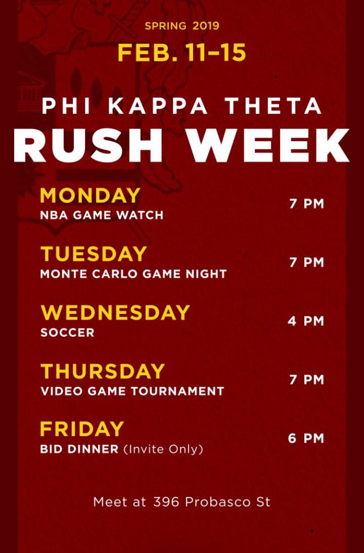 It’s that time of the semester again - RUSH WEEK!

Come join our brothers in various events this week! We look forward to seeing you there! #RushPhiKapp