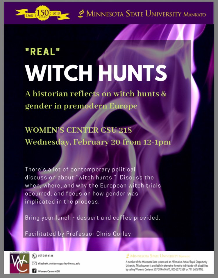 MNSUHistory's tweet photo. Professor Corley will be giving a talk, "The 'Real' Witch Hunts: A historian reflects on the witch hunts and gender in premodern Europe" Wednesday, February 20th, in CSU 218 from 12:00-1:00pm. Hope to see you there! https://t.co/pnx92sJHJv