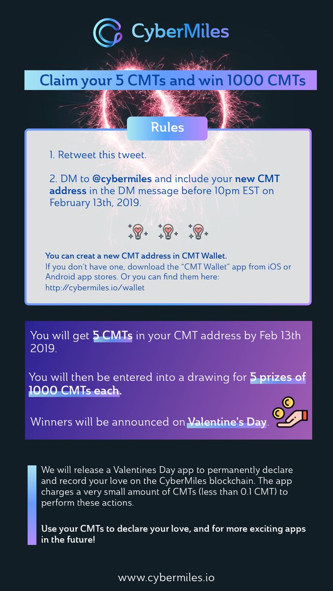 DrLucaslu's tweet photo. Get 5 CMTs and enter into a drawing for 1000 CMTs! Retweet this message and then DM @cybermiles your CMT Wallet address to participate! While you can exchange CMTs to US dollars, a better idea is to use them on Valentines Day to show your love! See Rules below. https://t.co/JJharDO3r3