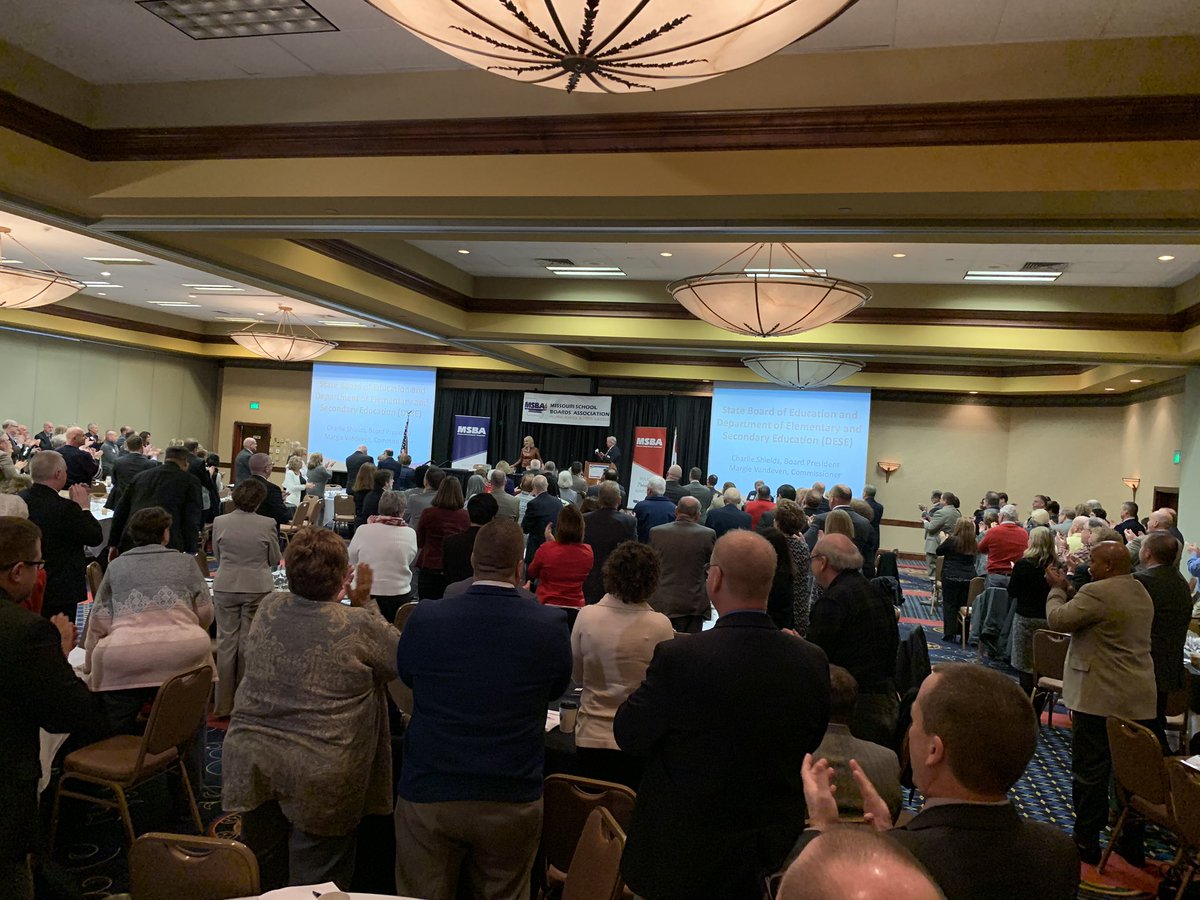 SharonHorbyk's tweet photo. Public school leaders from all over MO give standing ovation to Commissioner @MargieVandeven during @MissouriSBA LegislativeForum! #2019MSBA Be an #edvocate #moedchat https://t.co/H96t5Wpq0i
