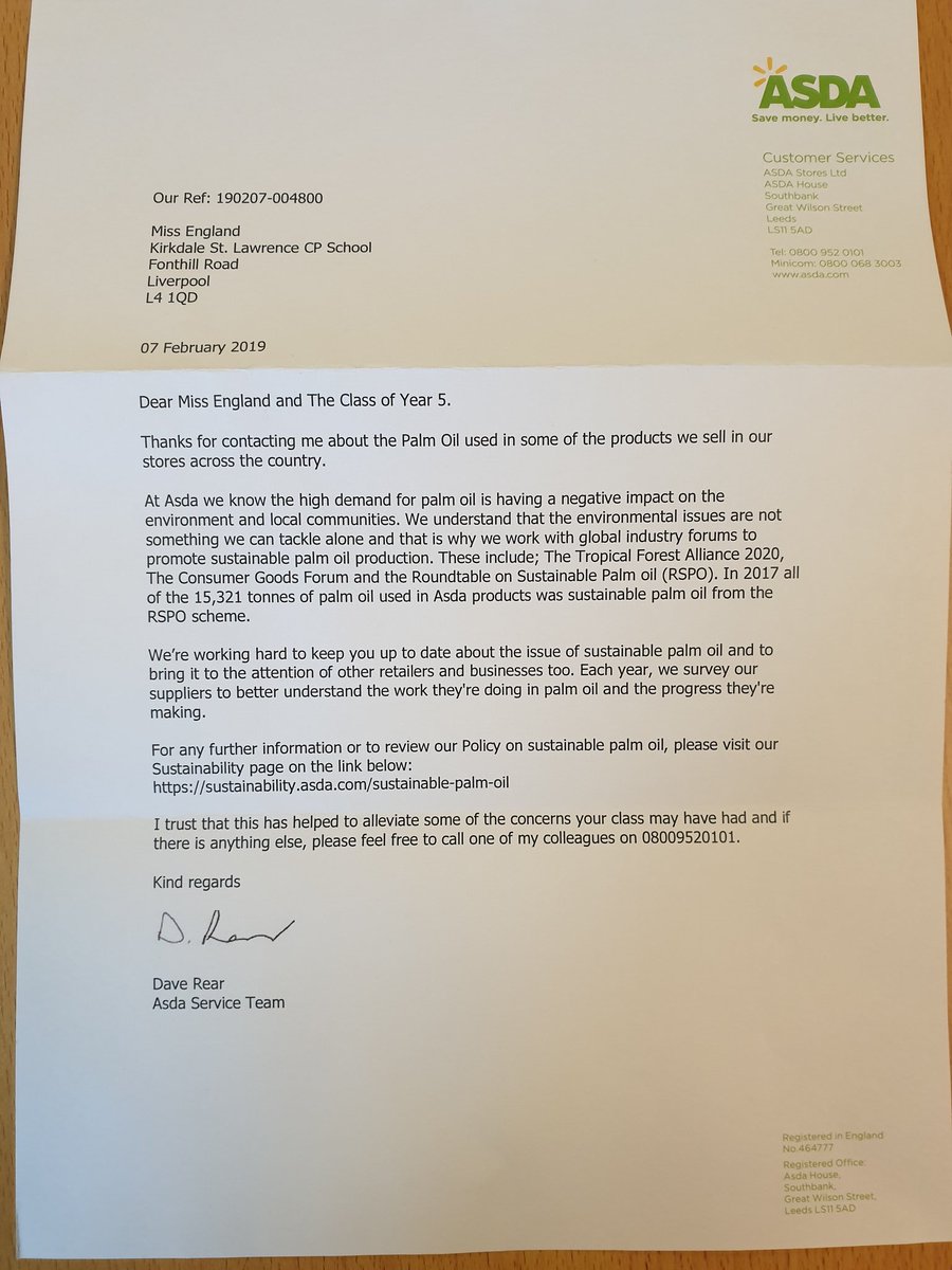 Two weeks ago, as part of our eco-school project, Year 5 wrote to ASDA to persuade them to use sustainable palm oil. Today we recieved our reply. #writingforapurpose #LWQM @SILPrimary @KSL_Kirkdale