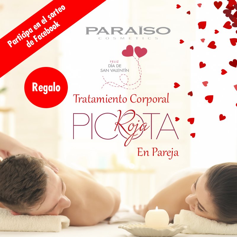 Nuevo SORTEO en la página de Facebook de <a href="/PARAISOCOSMETI/">PARAISO COSMETICS</a> . Gana un Tratamiento Corporal Picota Roja, a base de cereza, en pareja, para San Valentín. El mejor regalo...compartir...
#SanValentín #Sorteo #Regalo #Concurso #Facebook #TratamientoCorporal #Belleza #Masaje