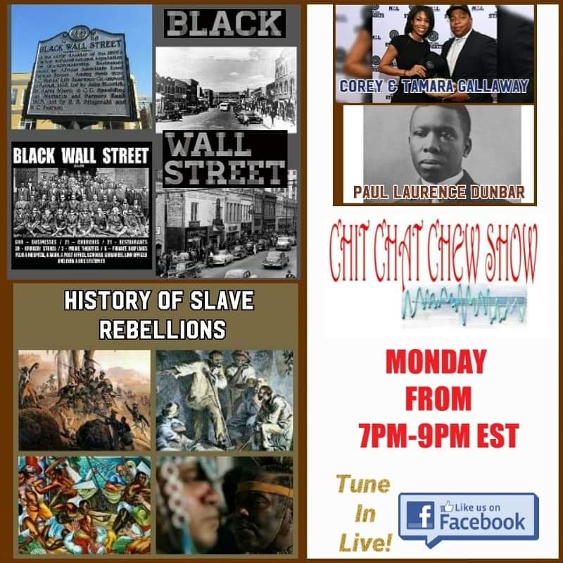 LotusProjects's tweet image. #PODCASTCREATORS 
MONDAY (FEBRUARY 11, 2019) TUNE INTO OUR SHOW. WE ARE HONORING BLACK HISTORY MONTH.WE WILL COVER THE HISTORY OF BLACK WALL STREET.THE HISTORY OF SLAVE REBELLIONS.PAUL LAURENCE DUNBAR.CORRY &amp;amp; TAMARA GALLAWAY.
DONT MISS IT! WE WILL BE LIVE!
facebook.com/ChitChatChewSh…