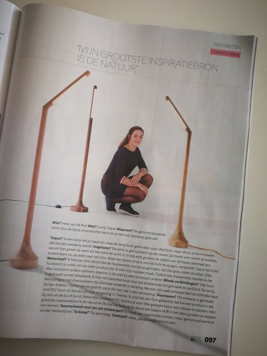 FSCNL's tweet image. Super, Irene van de Riet staat met haar prachtige FSC-houten lamp 'Taque' in @vtwonen magazine! @HollandsHout @staatsbosbeheer  #fscdesignaward2018 #kiesvoorhout #duurzaamhout 🌳