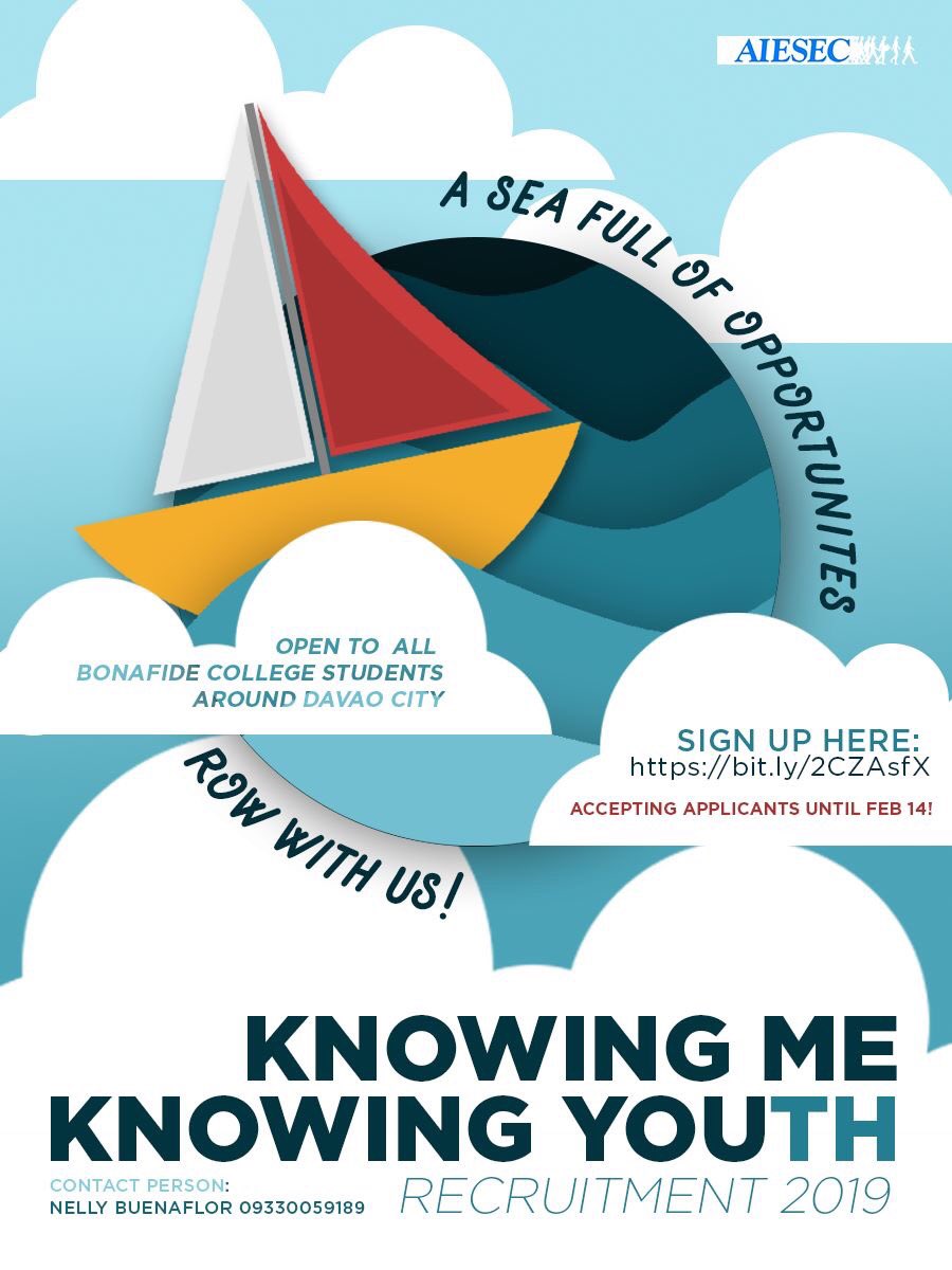 AIESECDavao's tweet photo. The world's a sea full of opportunities, row with us! Be part of the world's largest youth-run organization. 

AIESEC in Davao is accepting membership applications until Feb 14! 💙

Form: https://t.co/OVK68LPlOC

#AIESECinDavao 
#KnowingMeKnowingYOUth https://t.co/QQ1Ylr4qCV