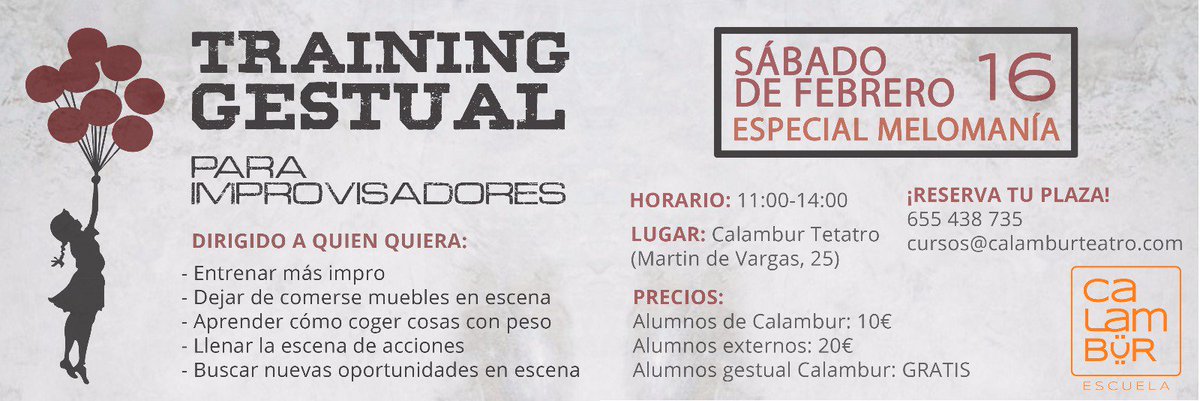 Calamburteatro's tweet photo. Improvisar al ritmo de la música 🎶, mimar objetos, aprovechar el beat, golpes, estribillo... todo eso ¡se entrena! Este sábado regresa nuestro training gestual con un "especial melomanía". Si quieres mejorar tu técnica, reserva plaza... ¡porque vuelan! #improvisatuvida https://t.co/3F4IeqPERr