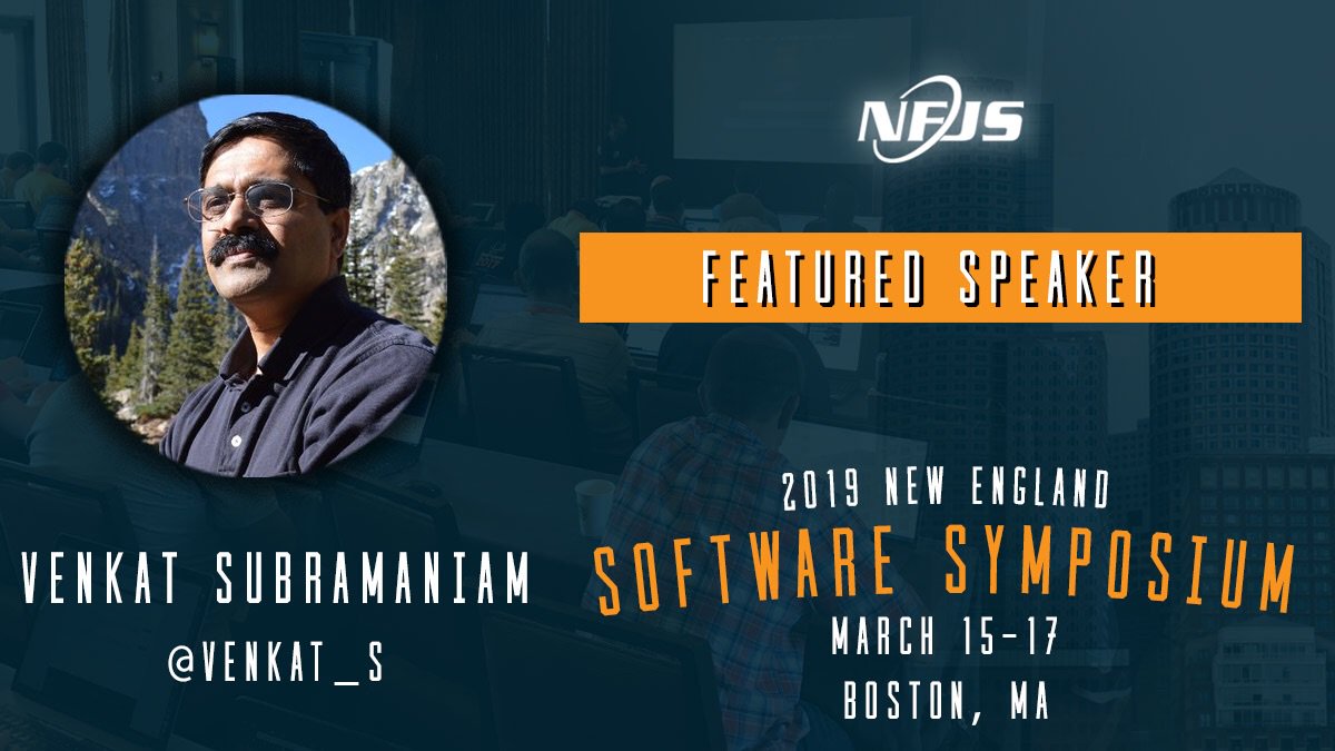 venkat_s's tweet image. Hope you can join some exceptional speakers and me at the 2019 New England Software Symposium Mar 15-17. Register today and save $$ with early-bird rates and team discounts! ow.ly/vQMw30nnvey #nfjs @nofluff