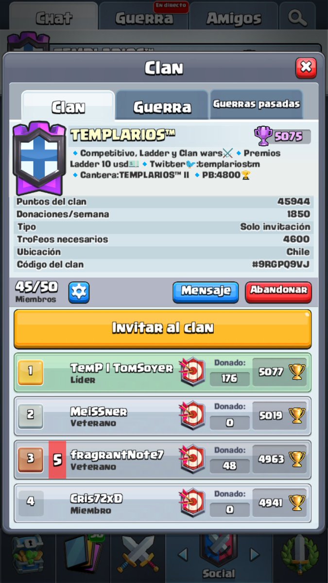 ◾Gente Activa En Ladder (Récord Sobre 4700 🏆)
◽Gente Activa en Clan War(Sobre 70 win en war🎖️)
◾Gente para Con Experiencia Para Próximo equipo Competitivo del Clan🛡️🏹

🔸Grupo de Wasap 📲 
🔸Se paga 10 usd al primer lugar de lader 
🔸Cantera oficial
🔸Tenemos Header propio