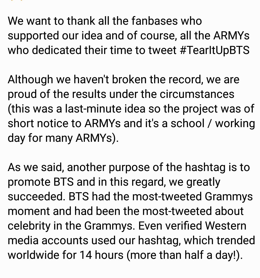 BTSasean's tweet photo. Estimated 24-hour total for #TearItUpBTS is ~20M. #ThankYouARMY for participating! Kindly read our message (2 screenshots).

We succeeded in promoting BTS. Year 2019 has just begun but this will be #BTS @BTS_twt year. We can try breaking record next time. We did well today! 💜 https://t.co/meNLCqIHxW