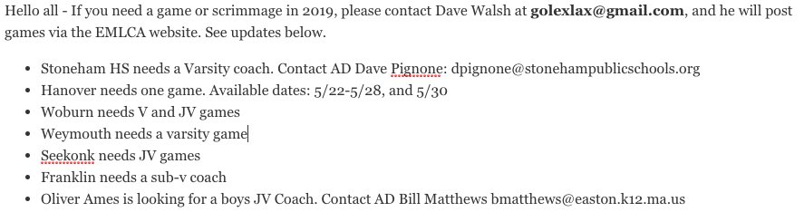 MA lacrosse folks: EMLCA updates on games &amp; coaches needed. Please spread the word. The full list is at emlca.org.