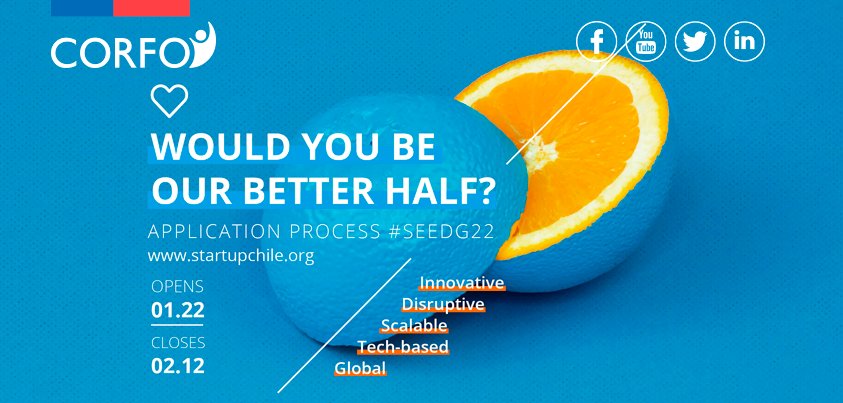 Mañana 12 de febrero cierra la convocatoria del programa #SeedG22 de <a href="/StartupChile/">Start-Up Chile by Corfo</a> #Corfo que apoya emprendimientos globales. Postula en 👉bit.ly/SeedG22     🇨🇱🚀