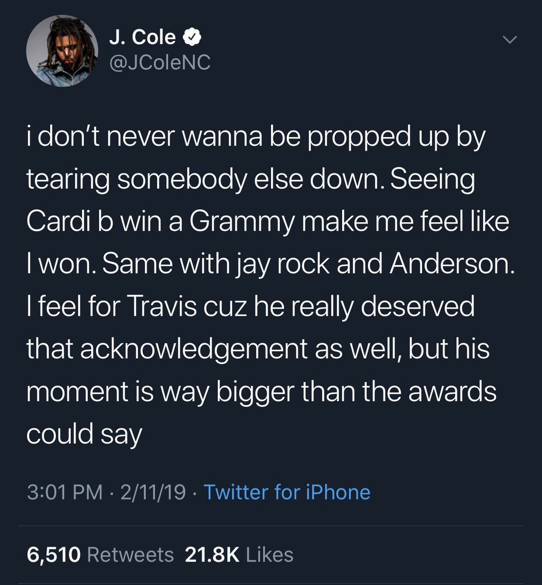 J. Cole defending Cardi from some of the  #Grammys backlash.