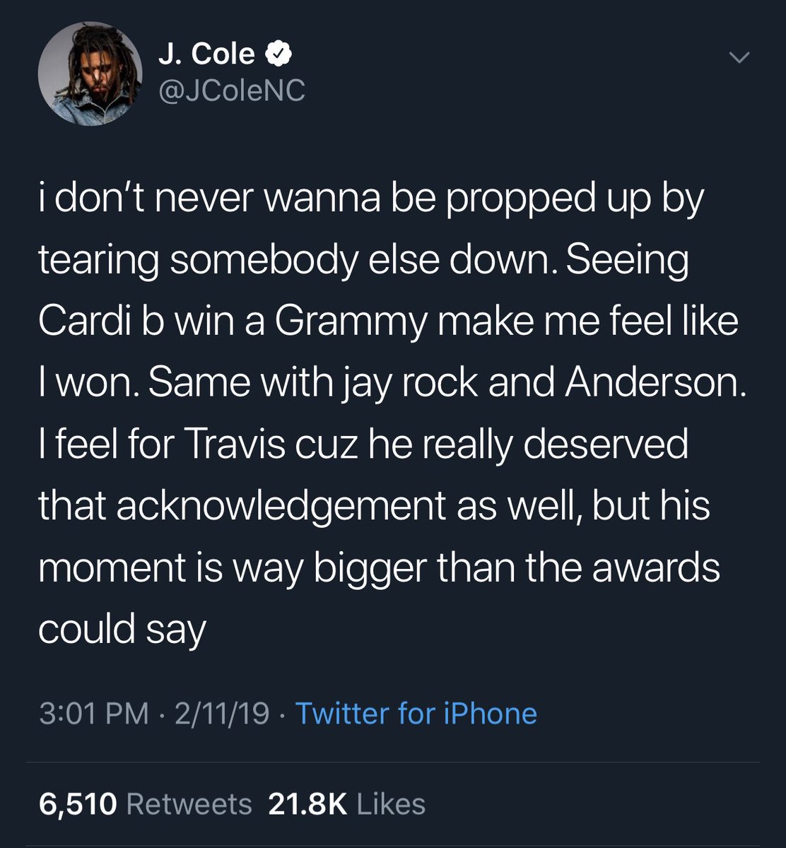 J. Cole defending Cardi from some of the   #Grammys backlash.