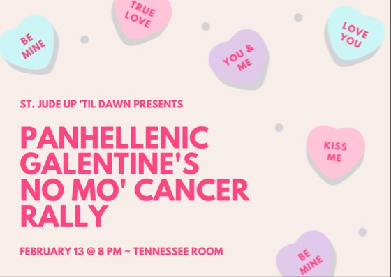 MocsForACure's tweet image. Come to the Tennessee Room Wednesday night at 8 to enjoy a Galentine’s themed No Mo’ Cancer Rally!! Bring a sister & your laptop and come help us raise money for the kids, all with the chance to win some AMAZING prizes!!
