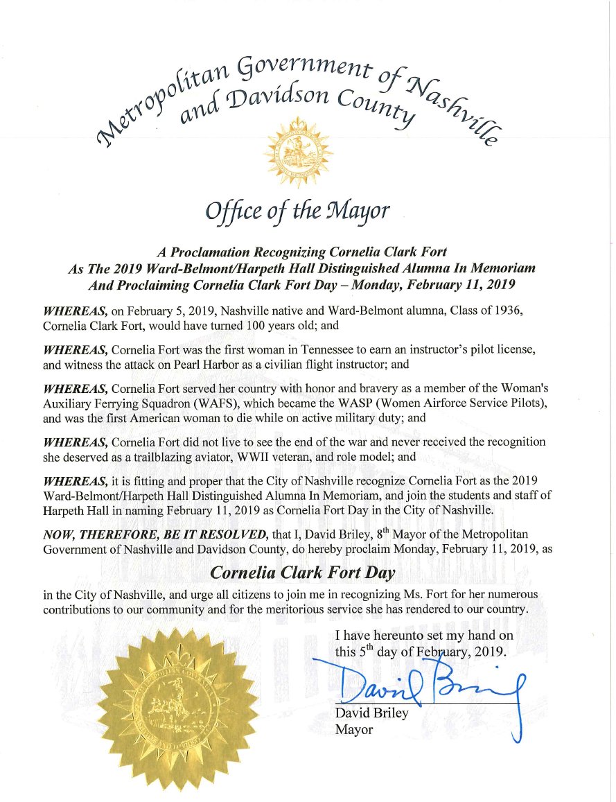 This morning, I issued a proclamation recognizing today as Cornelia Clark Fort Day in Nashville. Born 100 years ago this month, Cornelia Fort was a trailblazing aviator, WWII veteran, and role model at home and abroad. I'm proud to celebrate this pioneering Nashville icon.