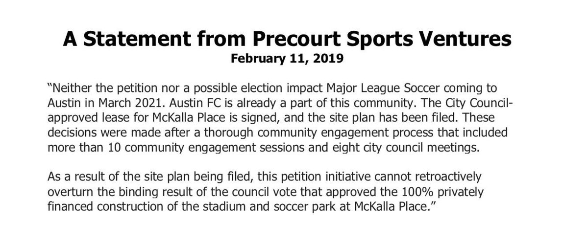 ChrisBils's tweet image. Statement from PSV regarding the petition basically mirrors previous statements from Richard Suttle and @MayorAdler. #AustinFC